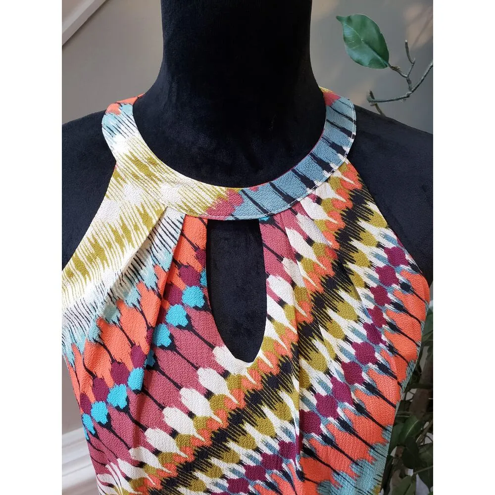 As U Wish Dress Women M Multicolor Sleeveless Ikat Halter Keyhole Boho Chic - Image 6