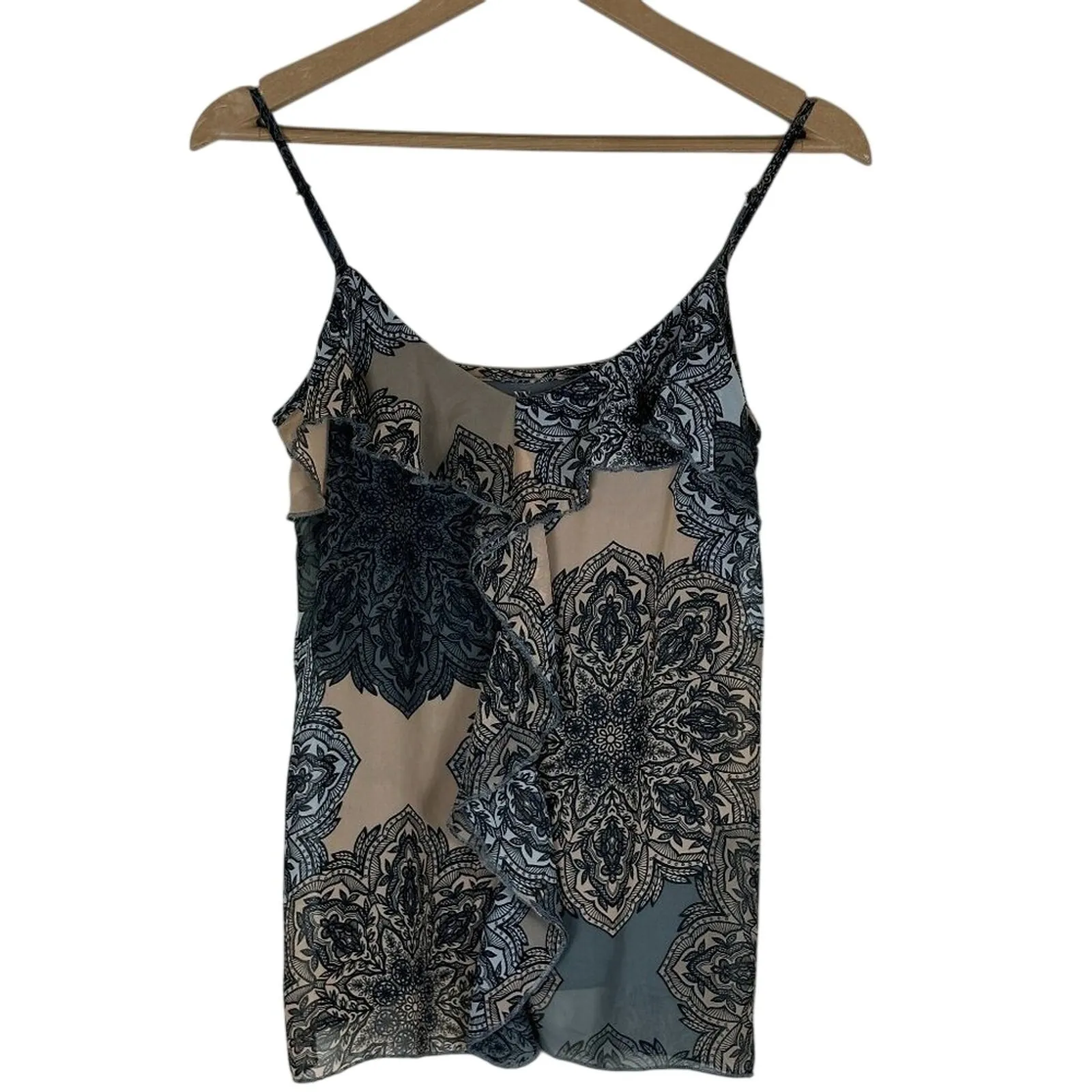 New York & Company Tank Top Womens S Gray Beige Abstract Ruffle Chiffon Boho - Image 2