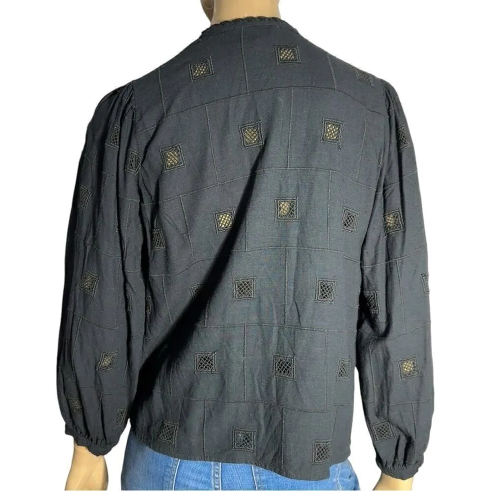 ba&sh Women’s Size 2 XS Black Linen Blend Ravel Openwork Tassel Top Shirt Blouse - Image 9