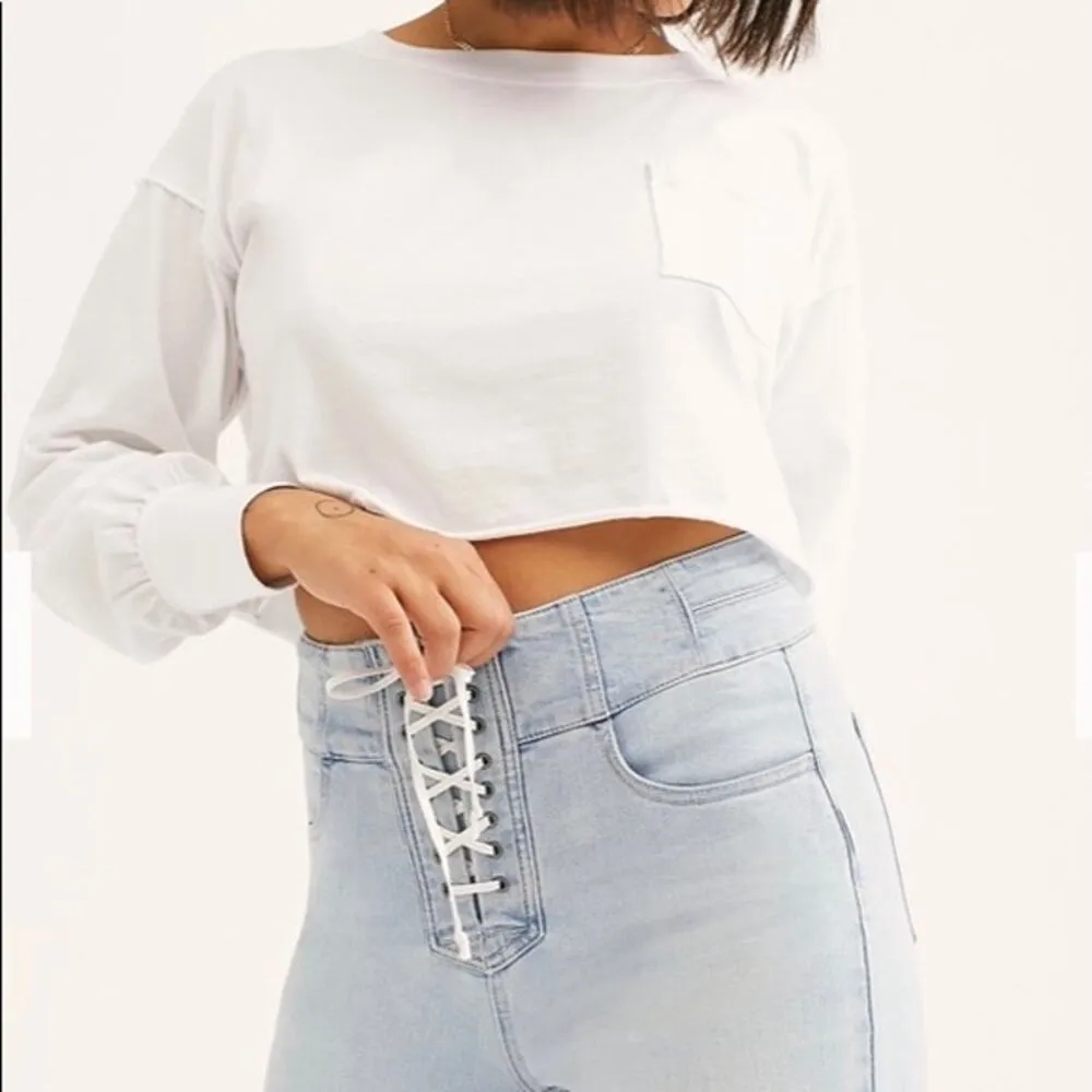 Free People CRVY High Rise Lace Up Skinny Jeans White Size 35 - Image 3