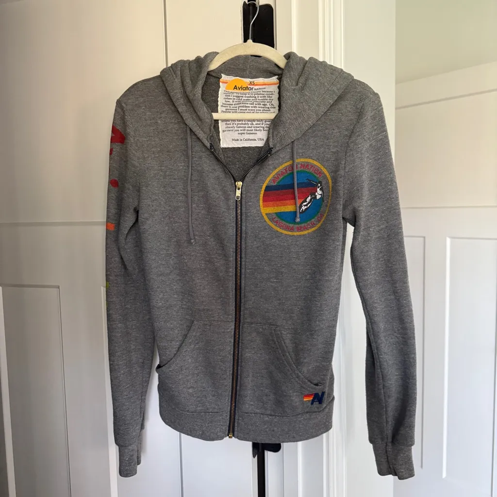 AVIATOR NATION NORTH SHORE HOODIE HEATHER GREY rainbow sleeve zip jacket - Image 4
