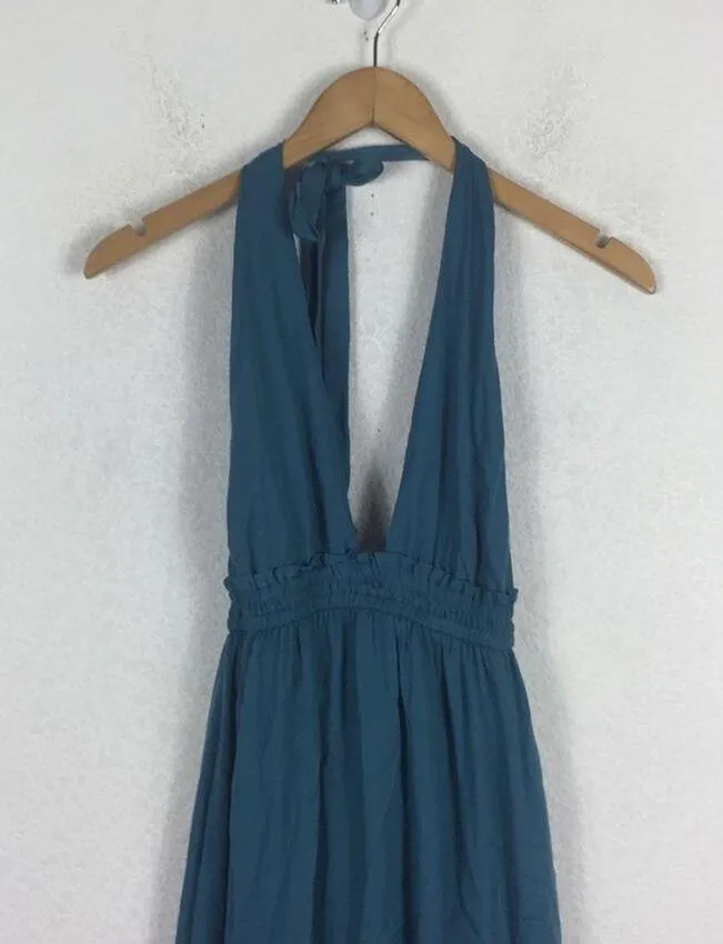 Lulus Unforgettable Night Maxi Dress XS Teal Blue Satin Halter Open Back Beach - Image 4
