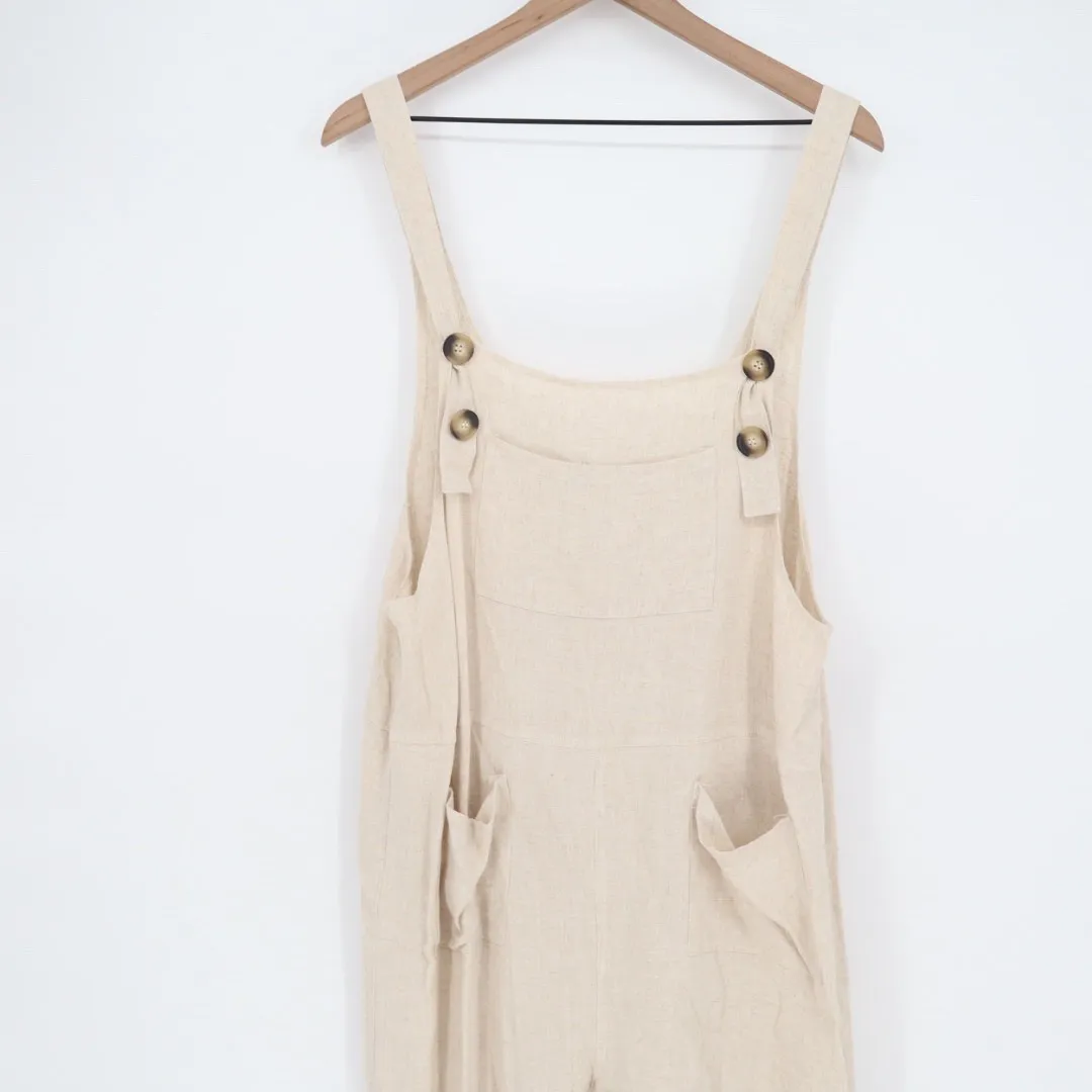 Umgee USA Linen Blend Overalls Jumpsuit Beige Tan Cropped Pants Size L Size L - Image 3