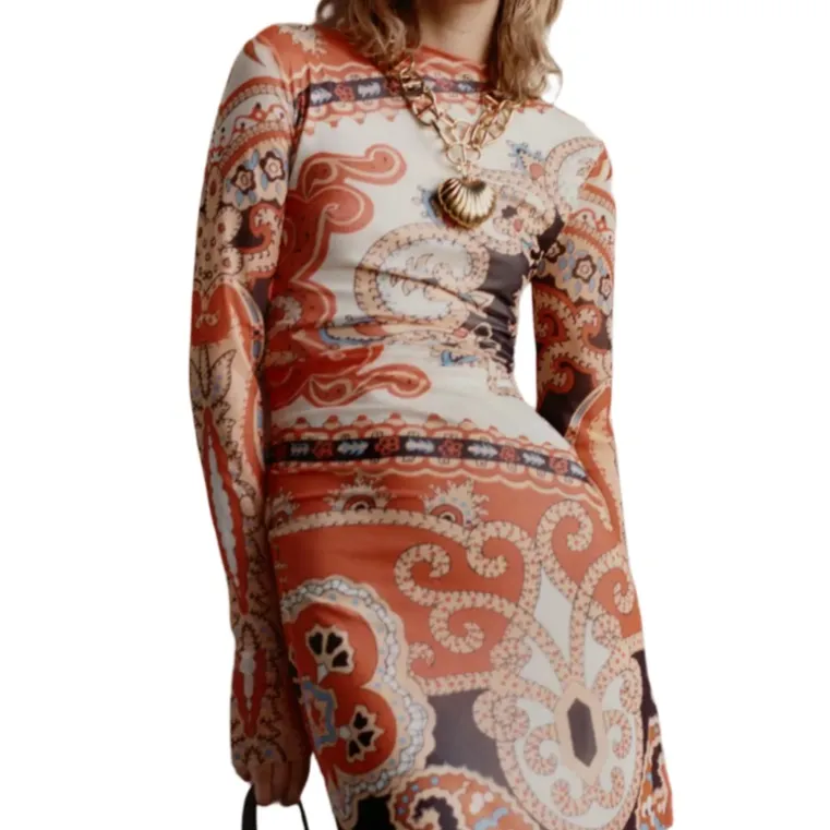 Farm Rio Long-Sleeve Mock-Neck Mesh Slim Midi Dress - Orange Bandana XS - Image 3