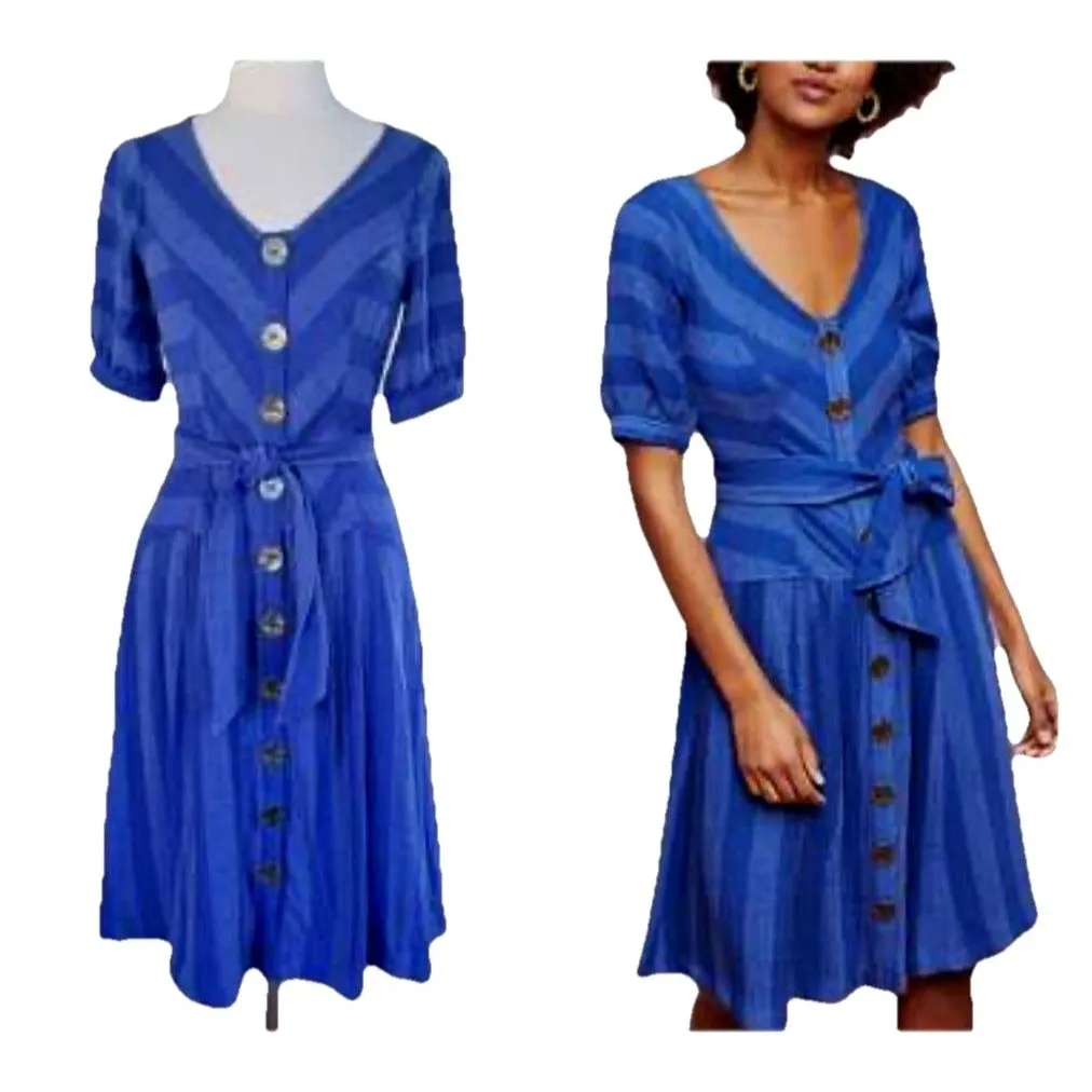 ANTHROPOLOGIE MAEVE Blue Tonal Stripe Button Down Dress Sz 0 No Belt - Image 2