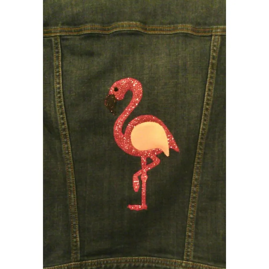 Talbots Womens Small‎ Petite Denim Jacket Pink Glittery Flamingo Pockets Preppy - Image 2