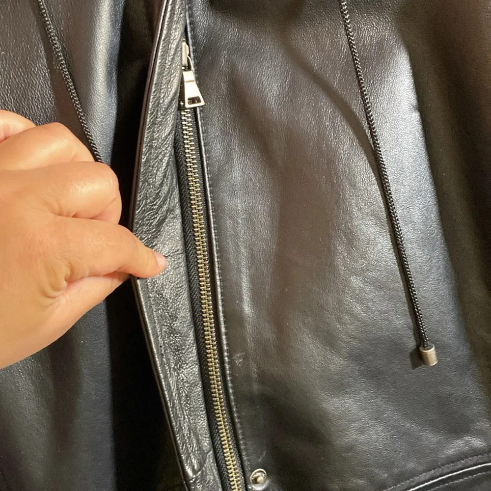 Massini Vtg Leather Jacket - L Hooded, Faux Fur Black Full Zip - Image 3