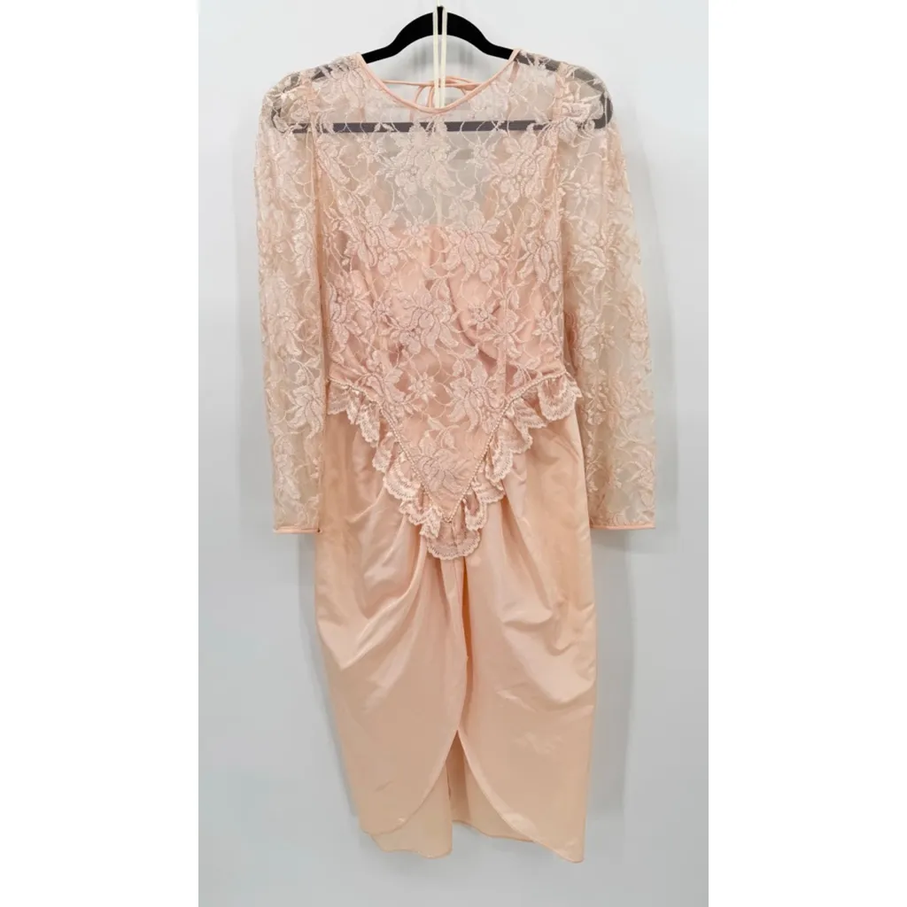 Vintage Totally 80s Peach Lace & Satin Formal Dress Huge Bow Molly Ringwald Size 6 - Image 3