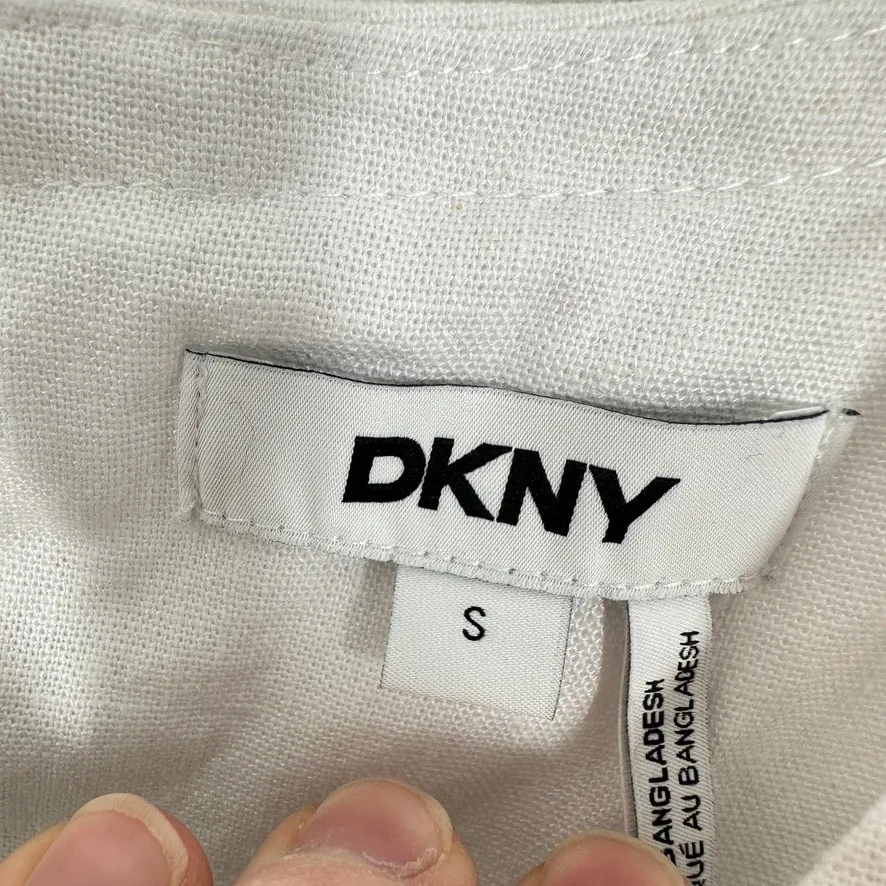DKNY White Linen Blend Cropped Boxy Top Short Sleeve Button Back Women Size S - Image 2