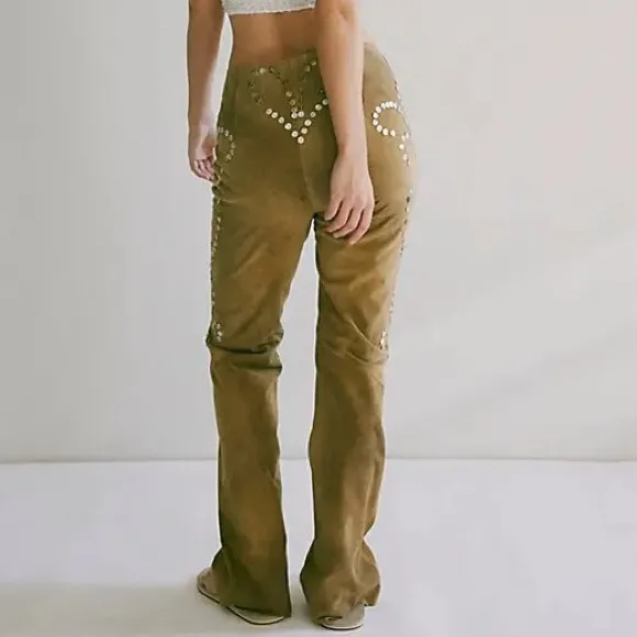 NWT Free People Festival Suede Mid Rise Flare Pants in Tan - Image 2