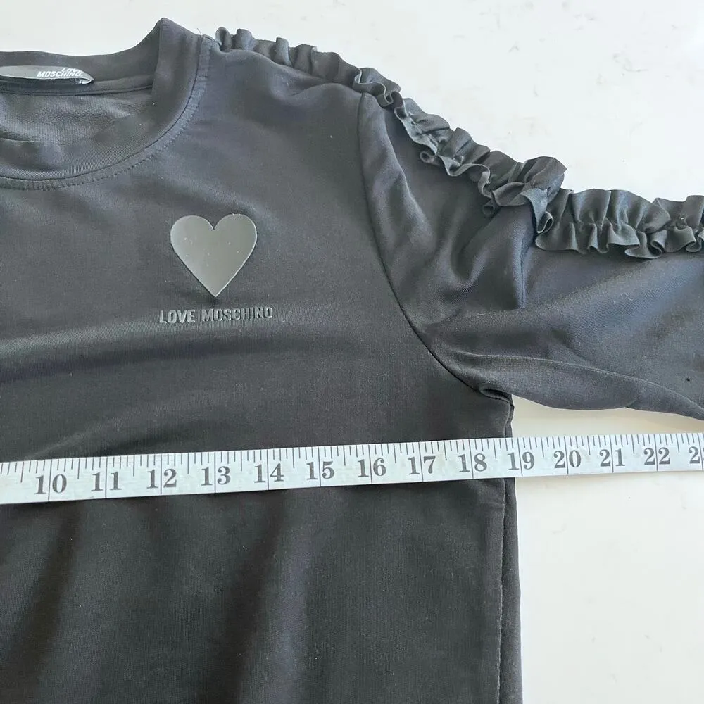 Love Moschino Black Ruffled Heart Logo 3/4 Sleeve Crewneck Crop Top Size 8 - Image 6