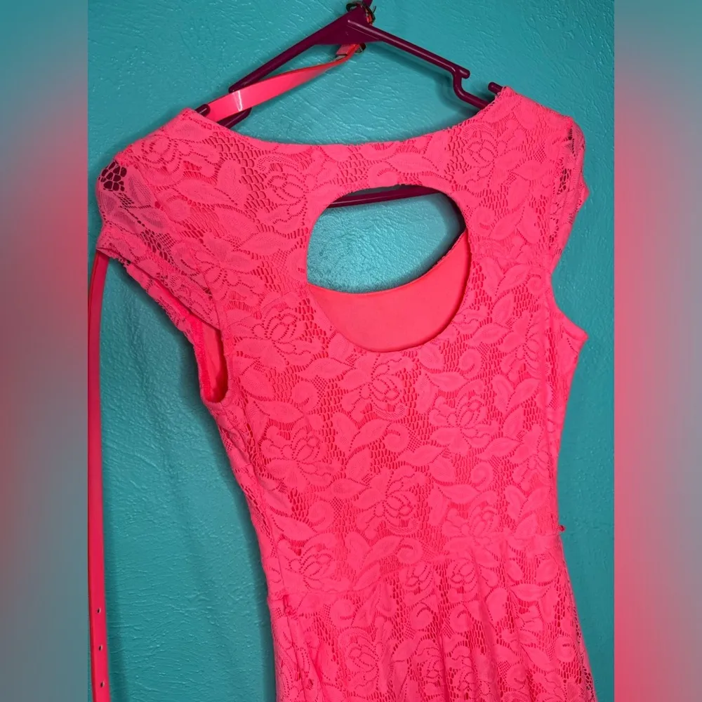 Candie's Bright Hot Pink Mini Lace Floral Dress w/Belt - Image 4