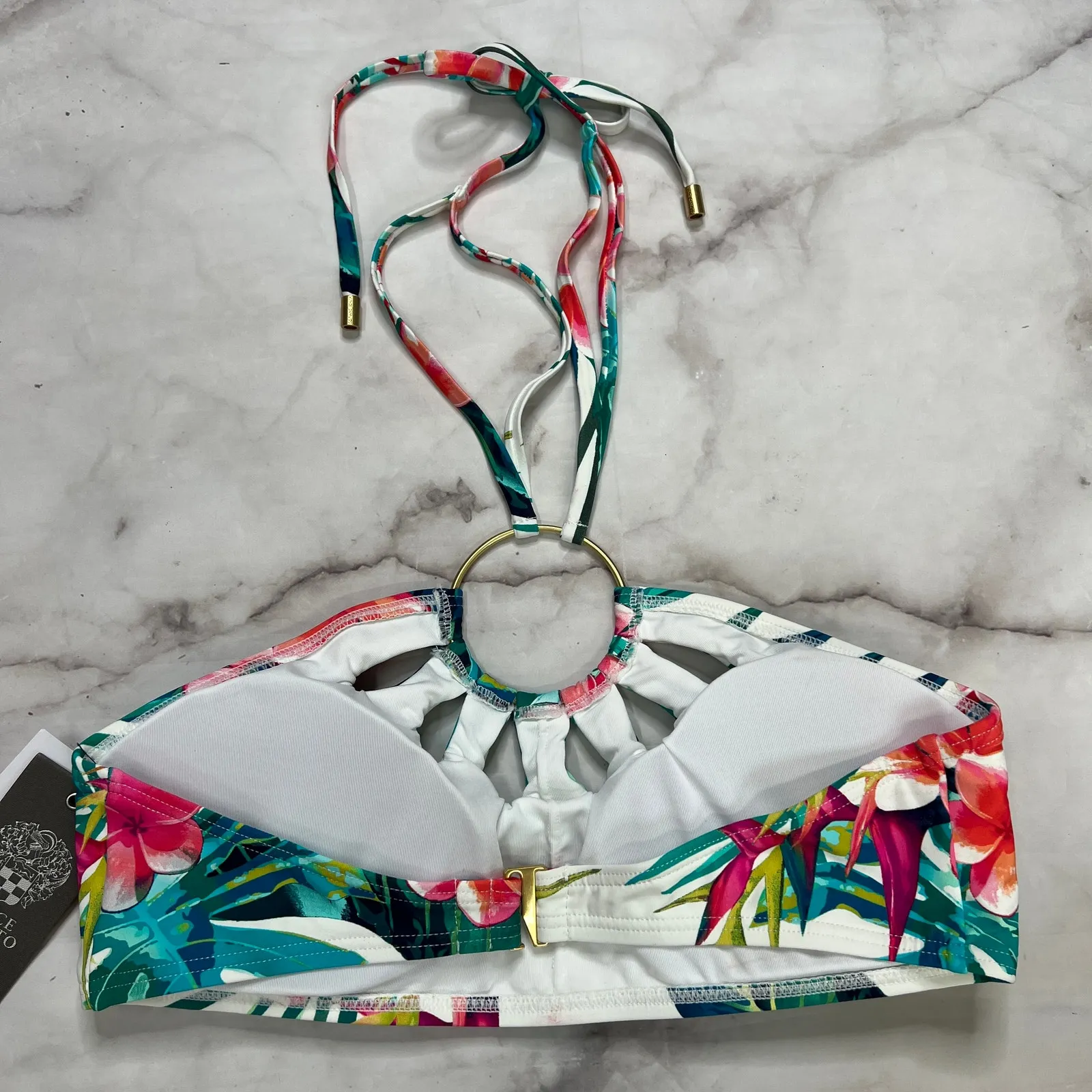 Vince Camuto Logo Ring Halter Bikini Top Size M White Tropical Floral New - Image 5