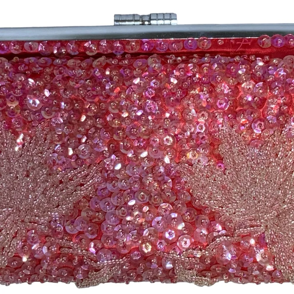 Vintage Beaded Clutch Evening Bag 1960 Sequins Folding Kiss Clasp Strawberry Red Pink - Image 8