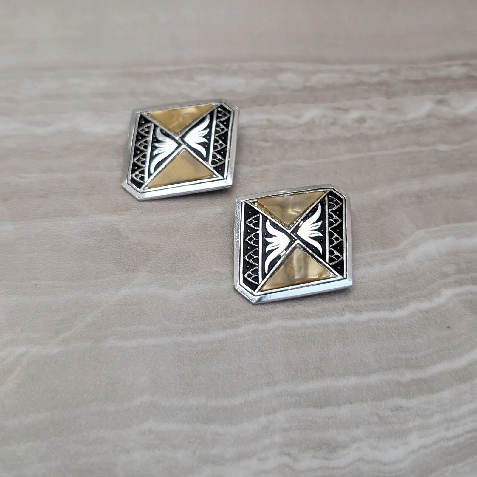 Vintage Clip On Earrings Silver Tone with Dark Beige Mother of Pearl 1 & 3/8" - Image 4