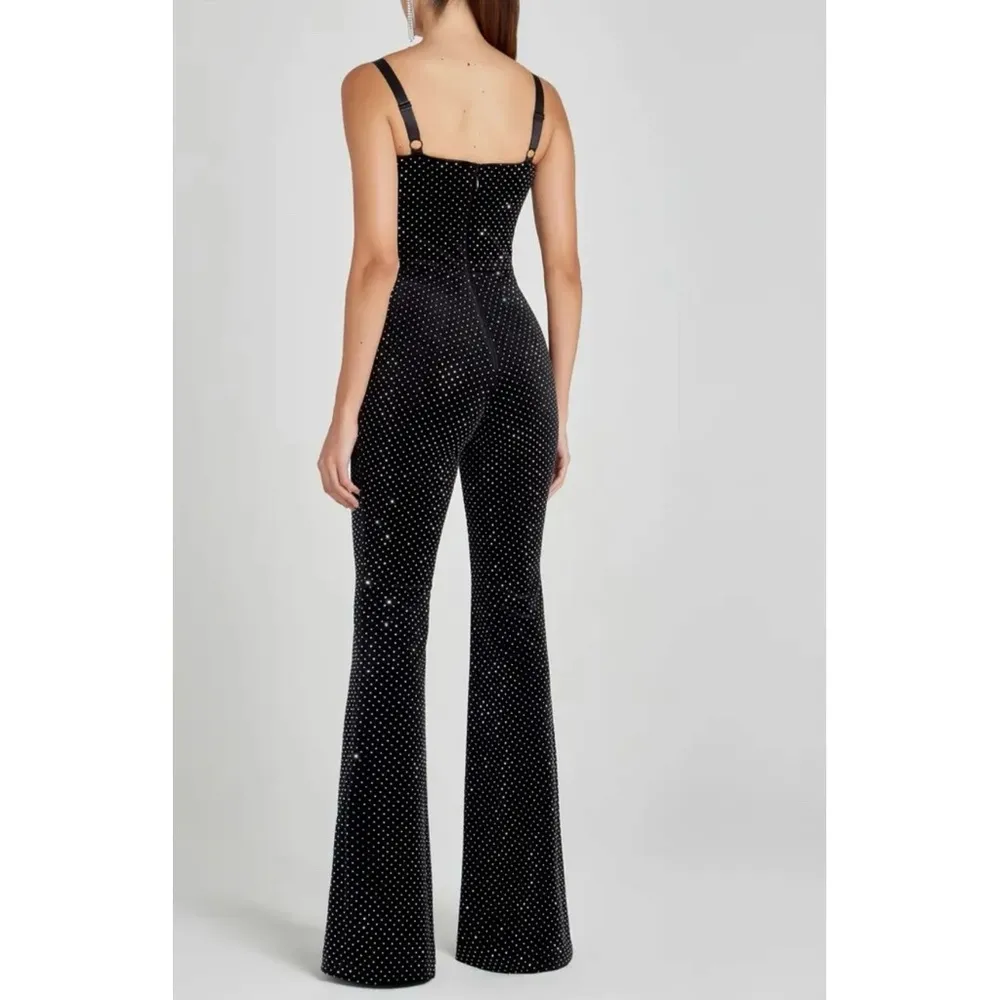 NADINE MERABI Roxanne Crystal Velvet Flare Leg Jumpsuit Black Size XL - Image 4