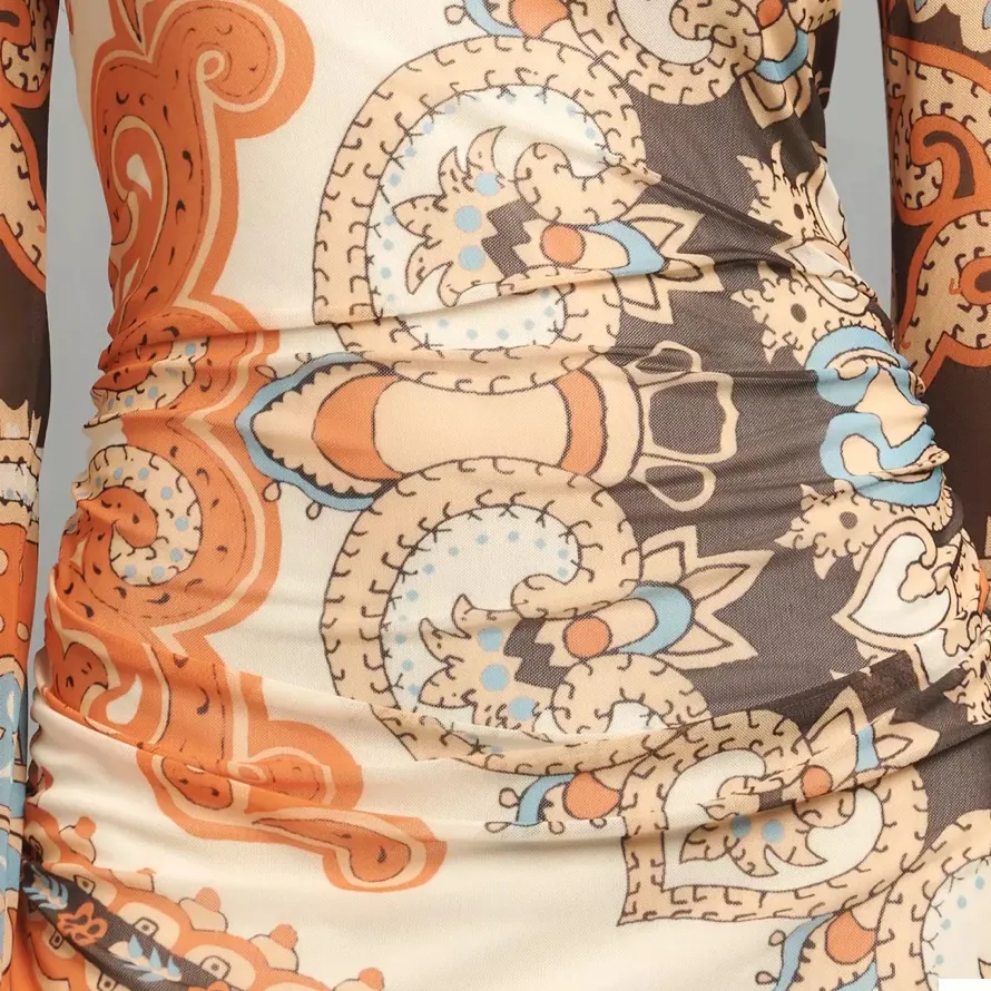 Farm Rio Long-Sleeve Mock-Neck Mesh Slim Midi Dress - Orange Bandana XS - Image 5