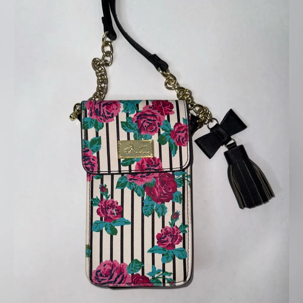 Betsey Johnson Crossbody Purse Wallet Handbag Roses Stripes‎ Snap Y2K Girlie Fem - Image 11