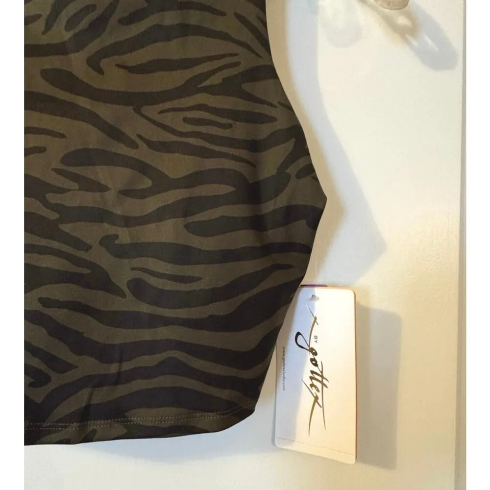 Gottex Studio Y Back Sports Bra Crop Top Olive Green & Black Zebra Small - Image 2