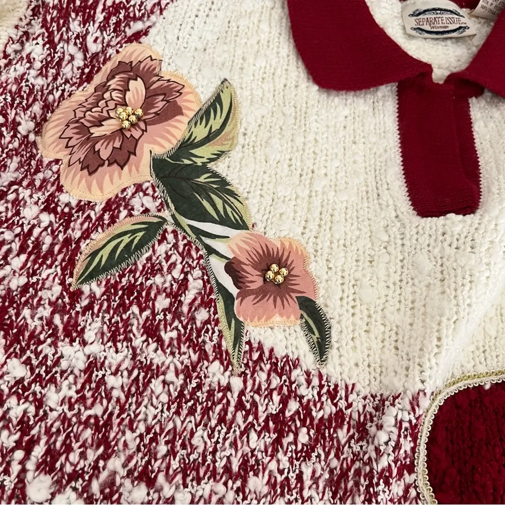 SEPARATE ISSUE Woman Sweater Nubby Knit Floral Appliqués Burgundy Cream VINTAGE Size undefined - Image 9