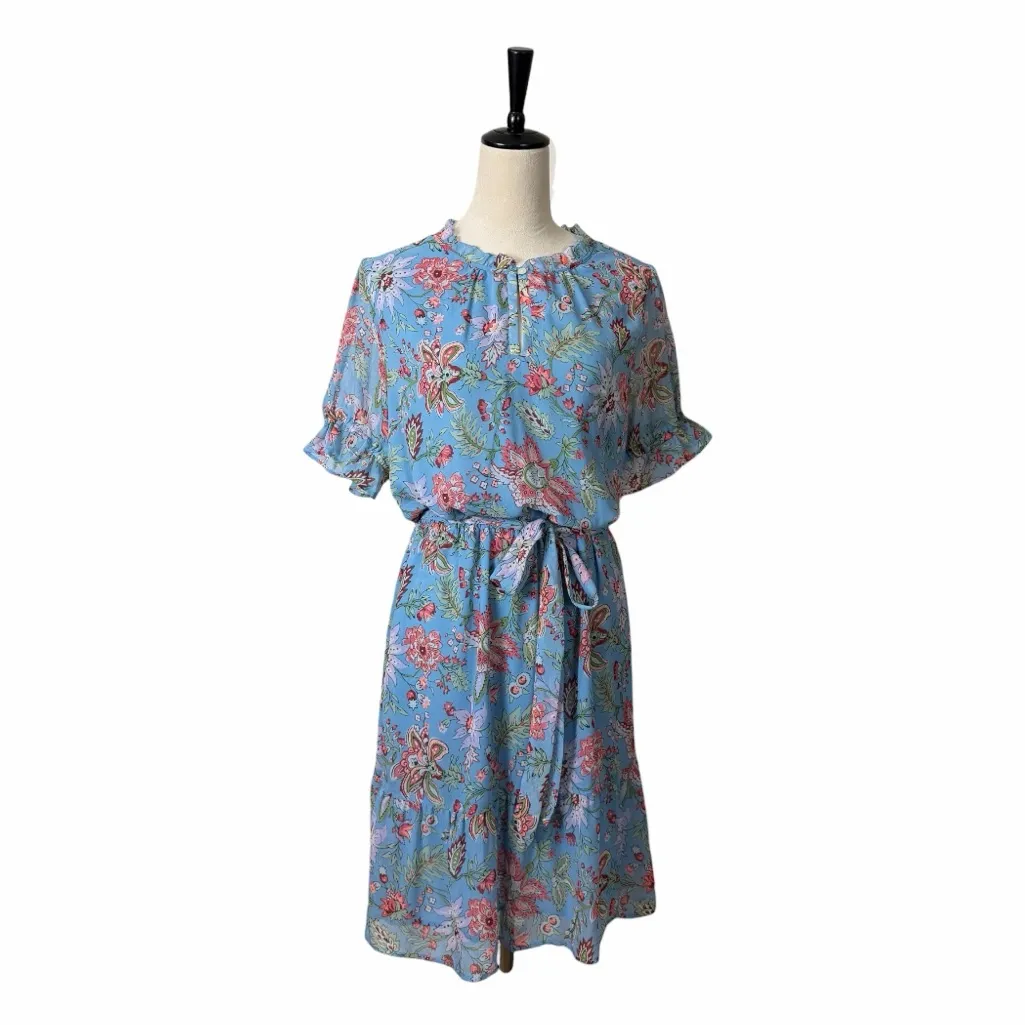 LOFT Short Ruffle Sleeve Tie Waist Dress Blue Pink Floral Women’s Size Large - Image 12
