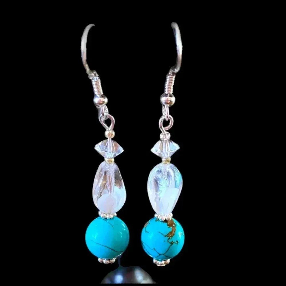 Handmade Boho Blue Turquoise Bead Dangle Earrings Glass Stacked 925 Silver Hooks - Image 3