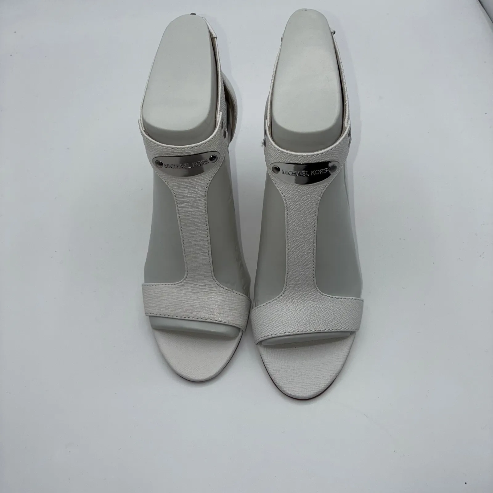 Michael Kors Womens 6M White Leather Open Toe Stiletto Zip Heels Career Party - Image 3
