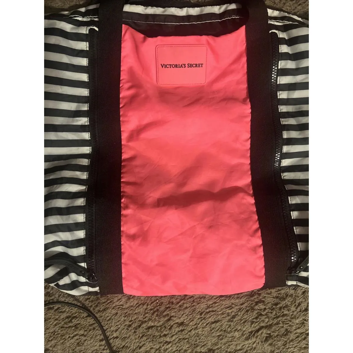 Victoria Secret Sport Pink Black Stripe Carry Tote Weekender Bag Beach Shopper - Image 3