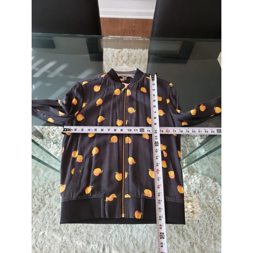 Alternative Bomber Jacket Women M Black Peach Print Lightweight Zip Front - Image 12