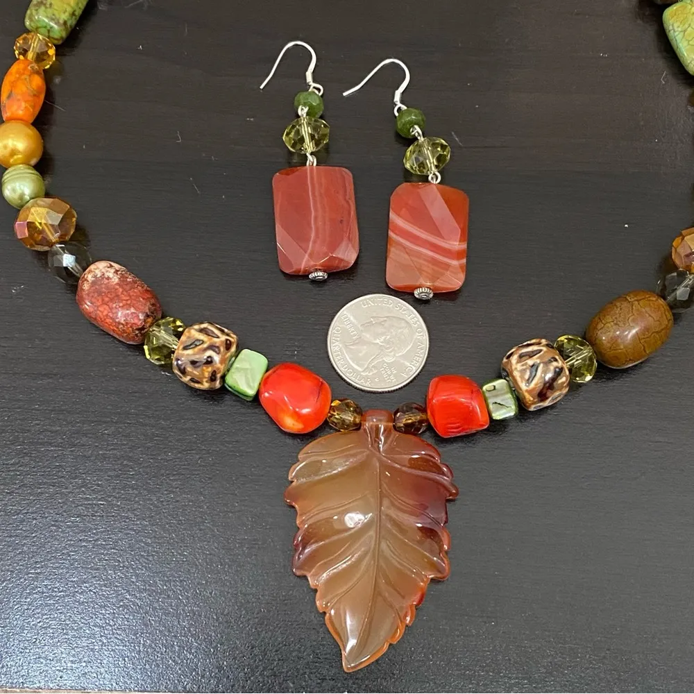 Handmade Carnelian Agate Gemstone Leaf Pendant Fall Theme Beaded Jewelry Set - Image 10