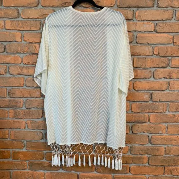 Skies Are Blue Chevron Fringe Kimono Cardigan Blouse‎ Boho Beach Cover Up Size M - Image 4