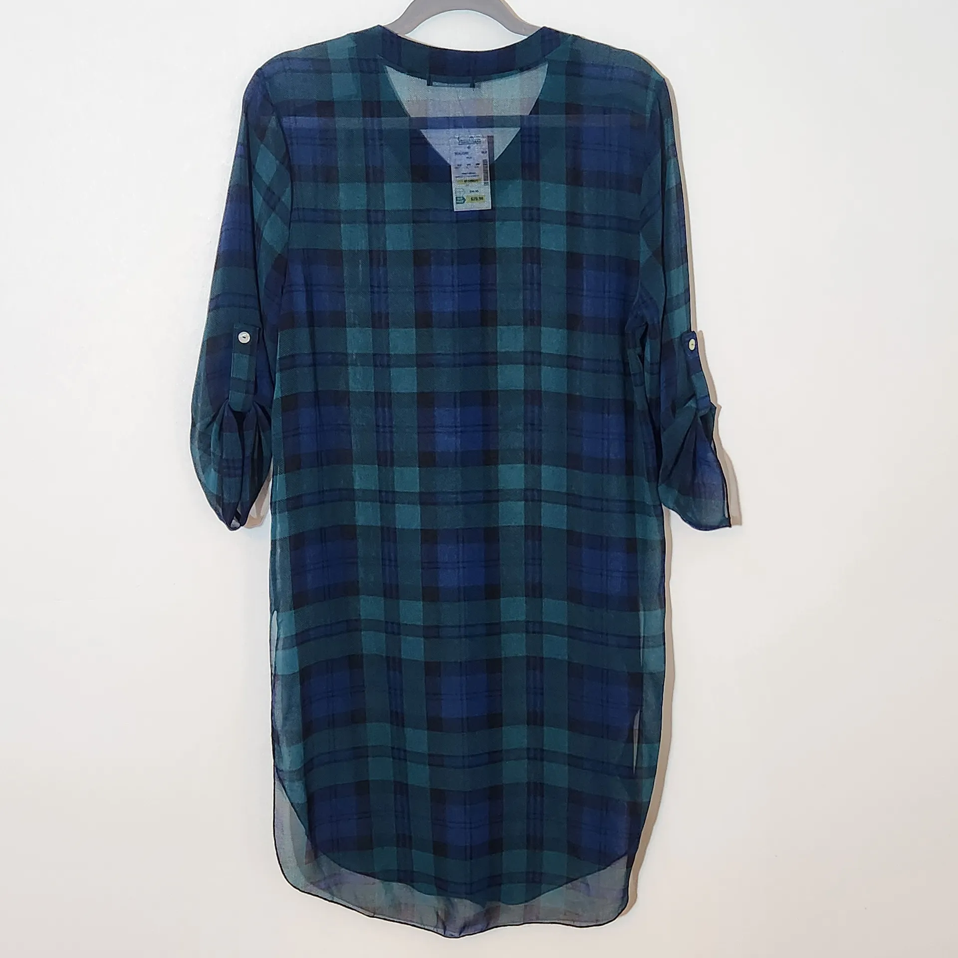Cha Cha Vente Blue and Green Sheer Plaid Tunic Shirt NWOT Size Medium - Image 4