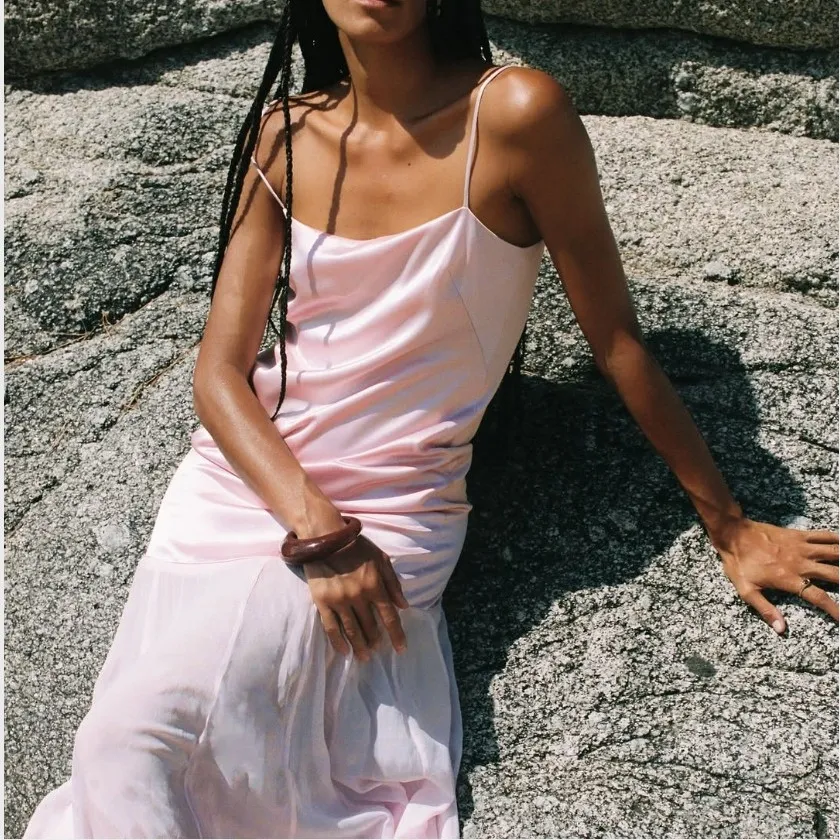 NEW SHONA JOY Pink Satin Slip Maxi Dress Square Neck Tiered Skirt Size 8 - Image 11