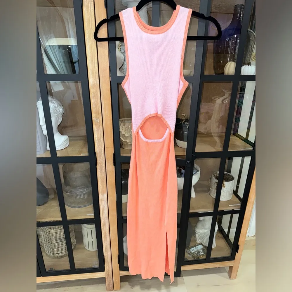 Petal & Pup Sofi midi dress bodycon ribbed colorblock coral pink slit cutout - Image 2