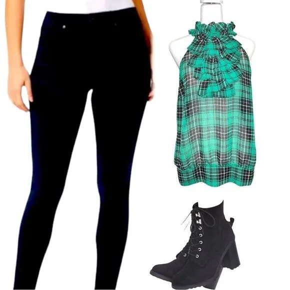 XXI cute green and black plaid high collar ruffle sleeveless top. New - Image 2