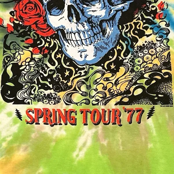 Grateful Dead Roses Skull 77 Spring Tour Blue Yellow Tie-Dye Cotton Band Tshirt - Image 5
