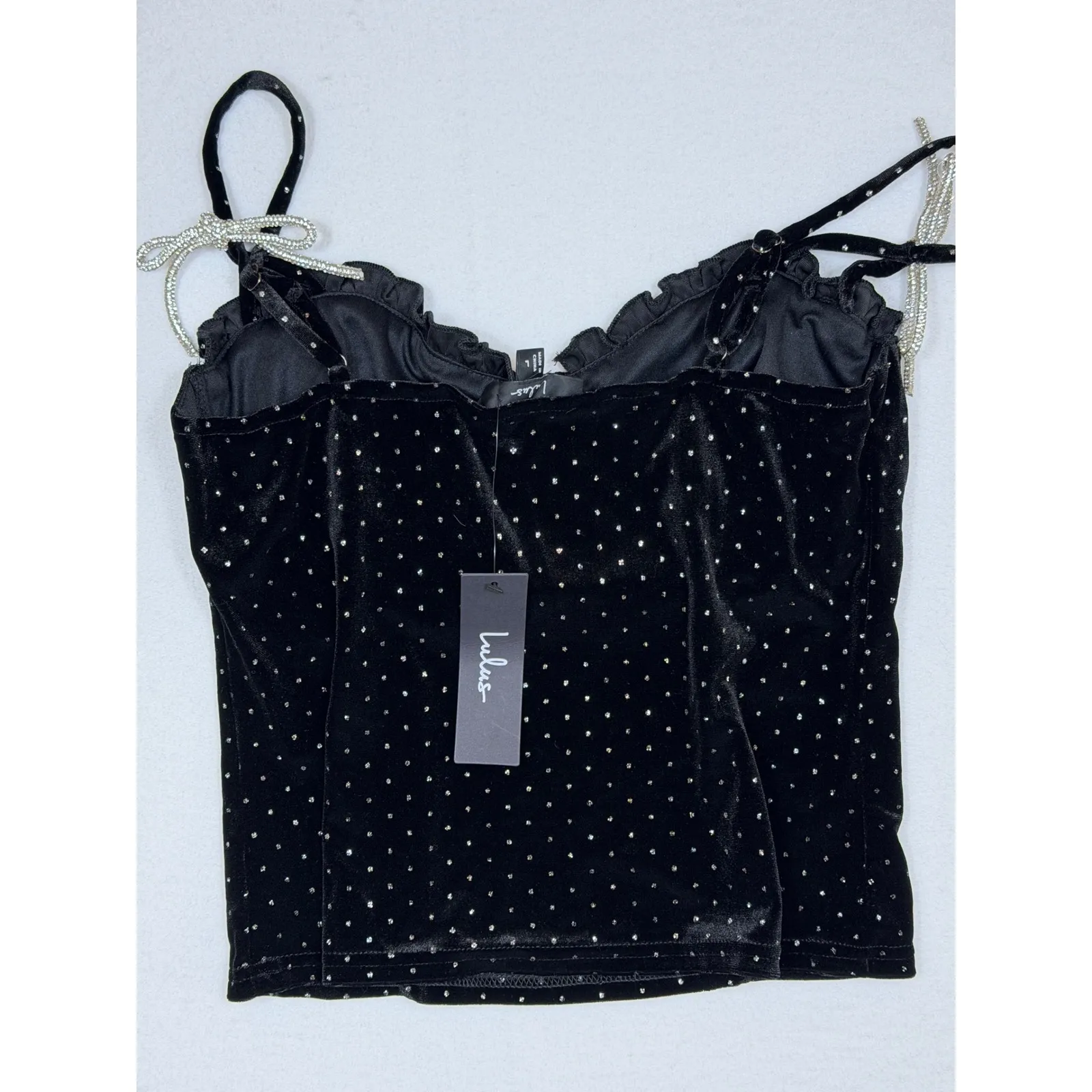 Lulus Black Velvet Rhinestone Bow Bustier Top Sparkle Polka Dot Corset Style LG - Image 5