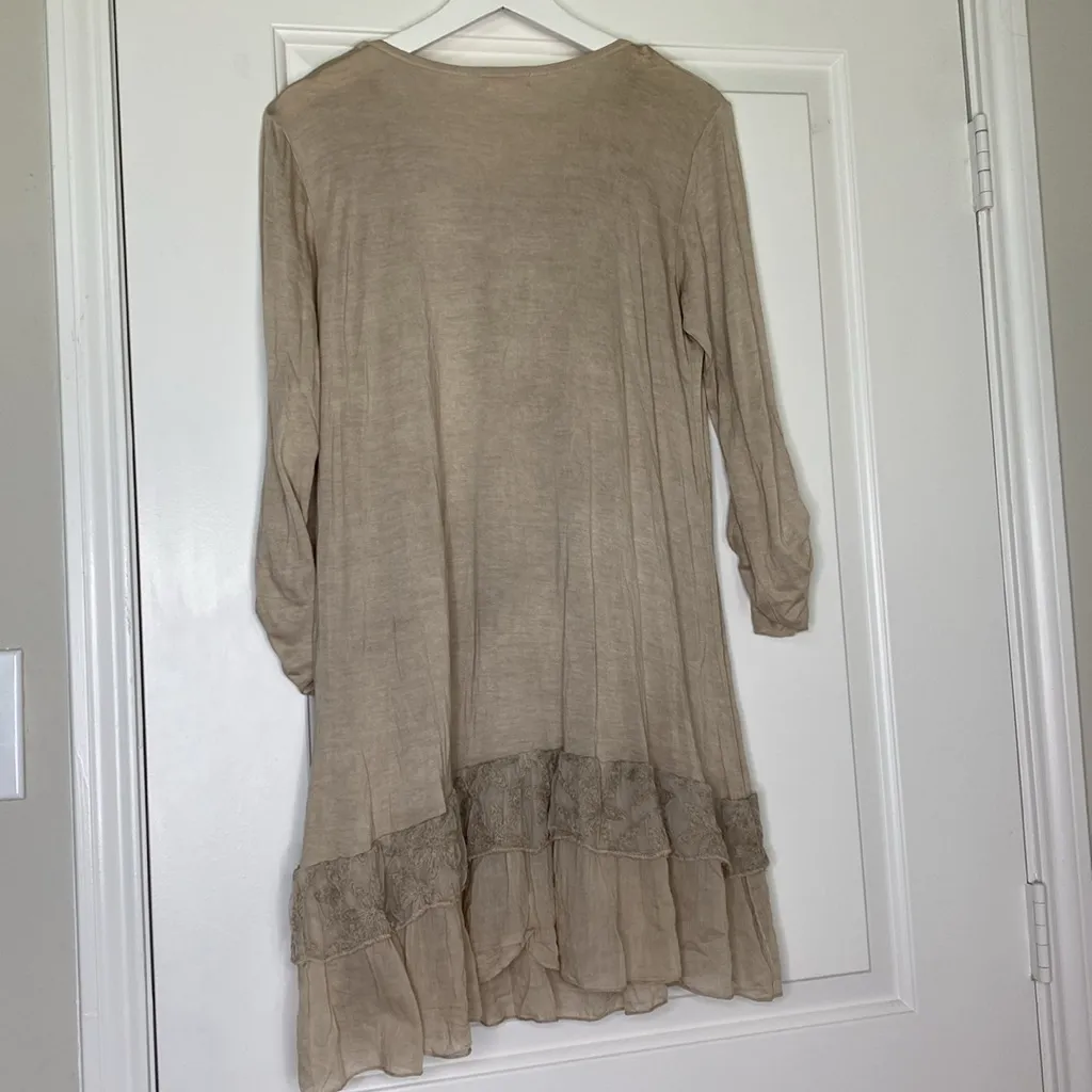 Soho Tan Peplum Embroidered Dress with 3/4 Bishop Sleeves - Image 6