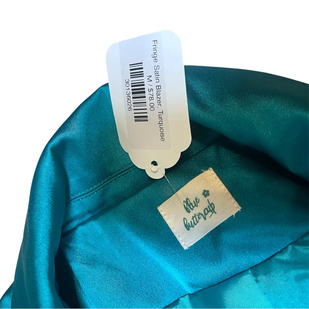 New Blue Buttercup Teal Satin Fringe Jacket
Size: Medium - Image 6