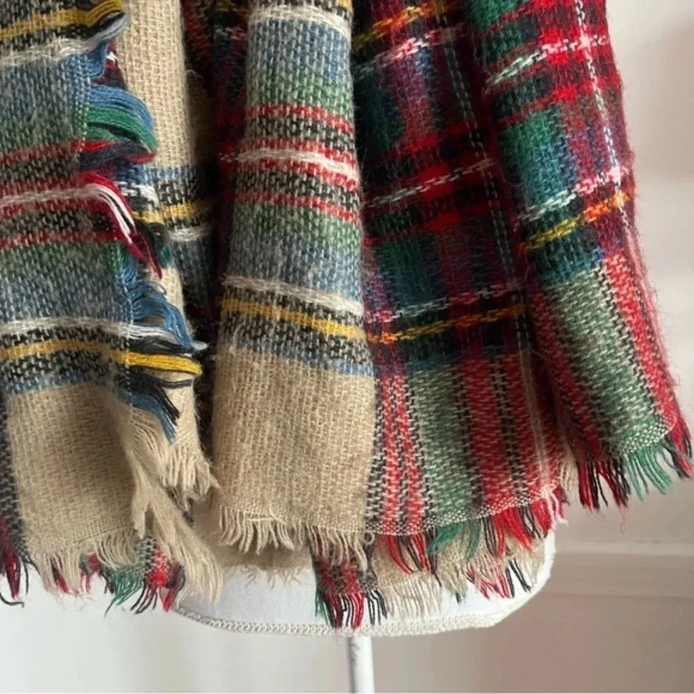 Unbranded Red Cream Green Multi Colored Plaid Blanket Scarf - Image 4