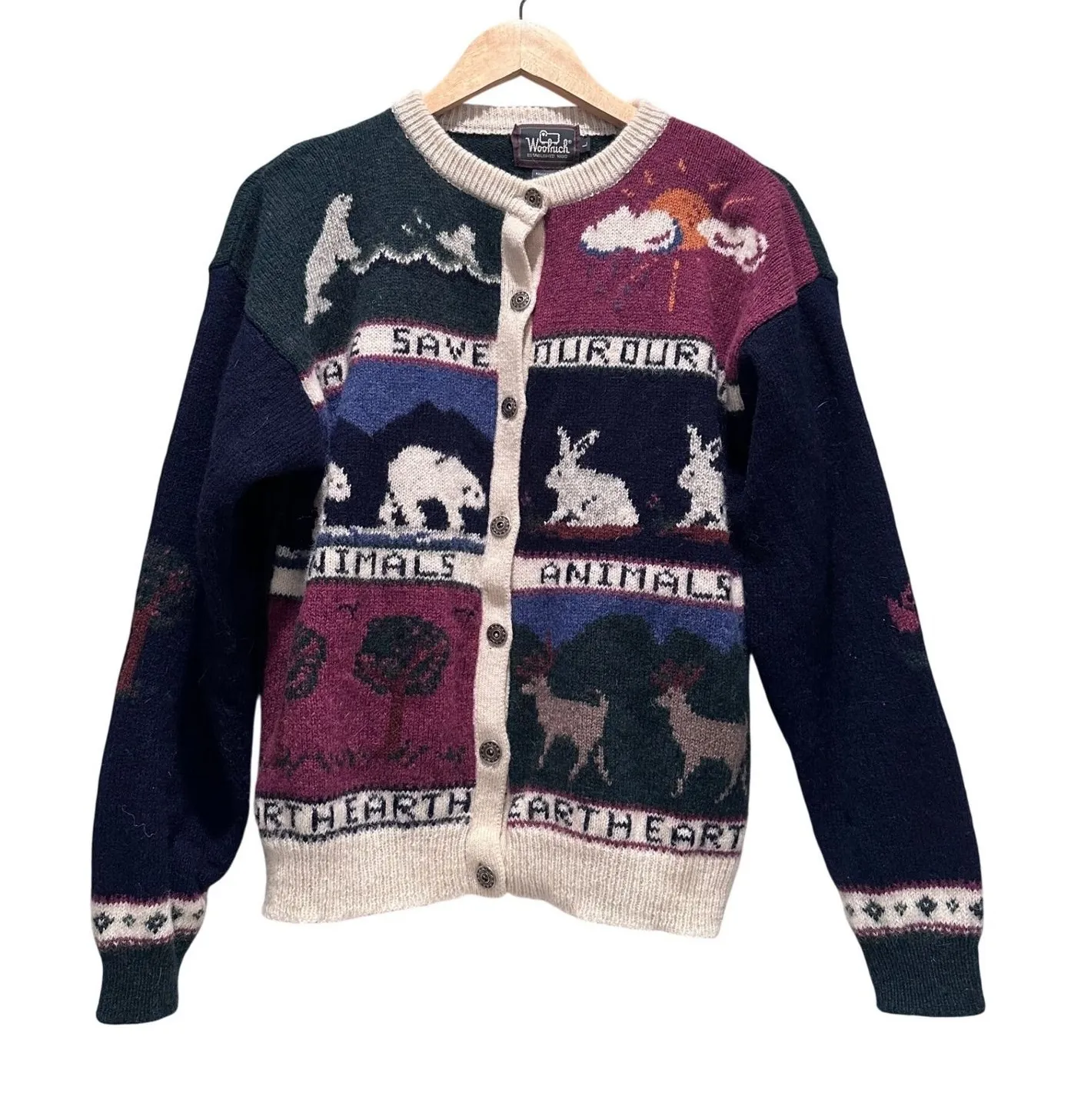 Woolrich Vintage 1990s Save Our Animals Wool Cardigan Sweater Size Large - Image 1