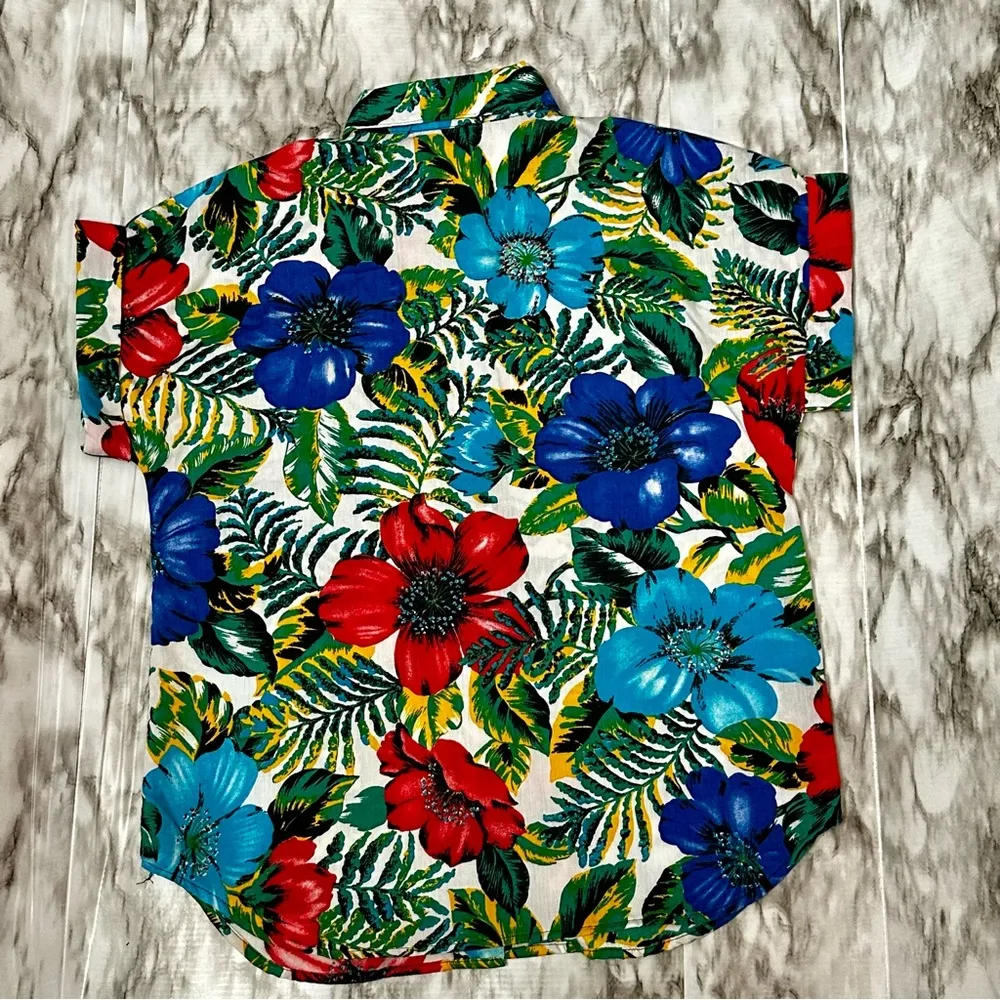 Michele Leslie of California Womens Sz S 8/10 Vibrant Floral Hawaiian Shirt Surf Red - Image 4