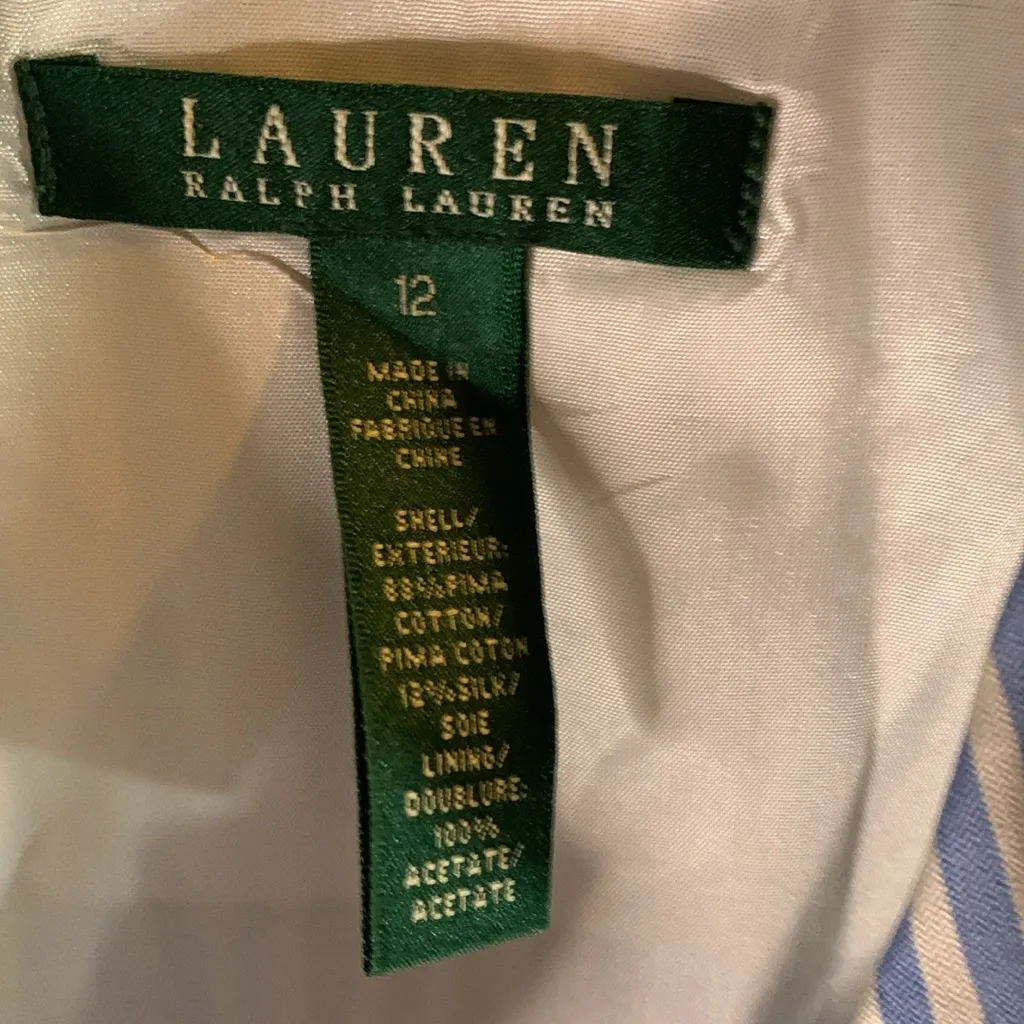 NWT Lauren Ralph Lauren Cotton and Silk Ruffle Collar Striped Blazer Size 12 Blue - Image 2