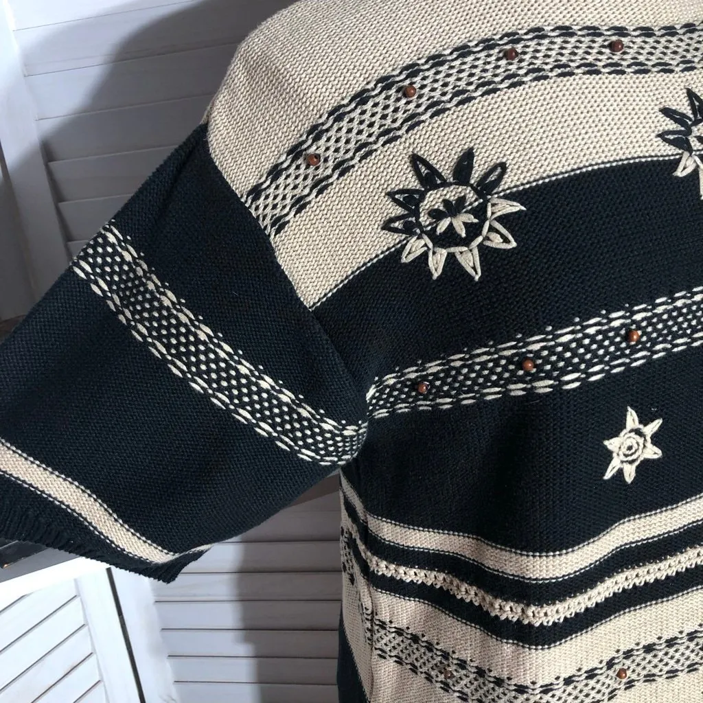 Vintage Liz & Co Knit Sweater Floral Design Short Sleeve Cotton Black/Cream sz L - Image 6