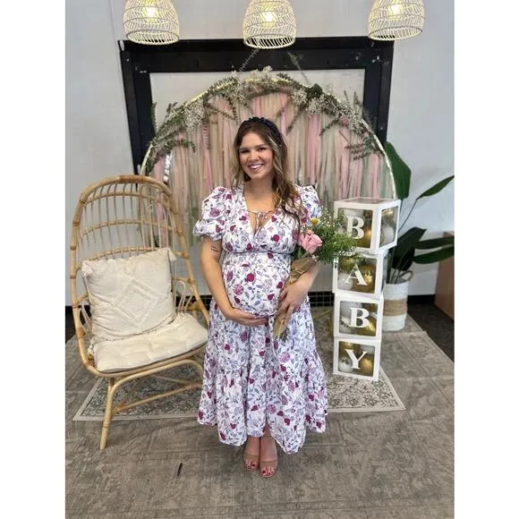 DEREK LAM COLLECTIVE White Purple Pink Floral Smocked Puff Sleeve Dress Size 48 - Image 2