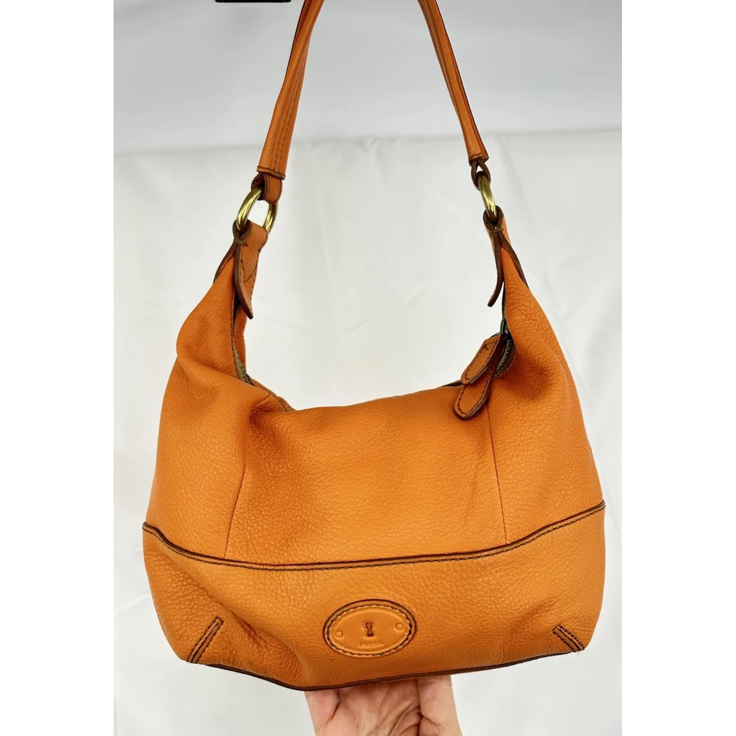 Fossil Vintage Rust Orange Cowhide Leather Zipper Hobo Pouched Shoulder Bag - Image 9