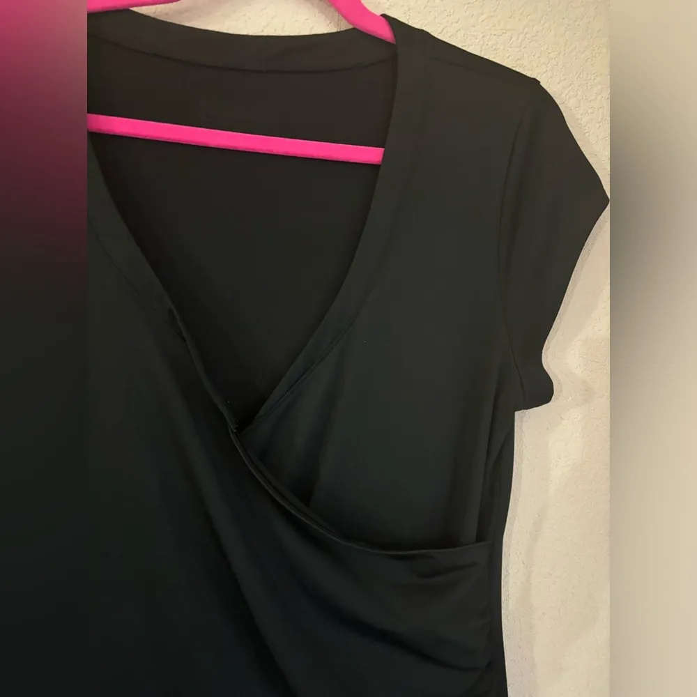 Athleta Black Nectar Faux Wrap Athleisure Stretch Knee Length Cap Sleeve Dress L - Image 3