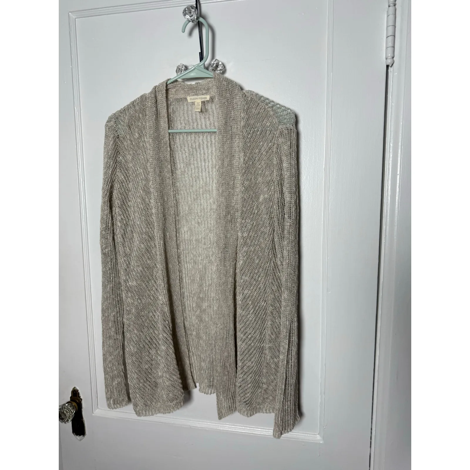 Eileen Fisher Oatmeal Beige Open Knit Linen Blend Cardigan Sweater Women's Small - Image 2
