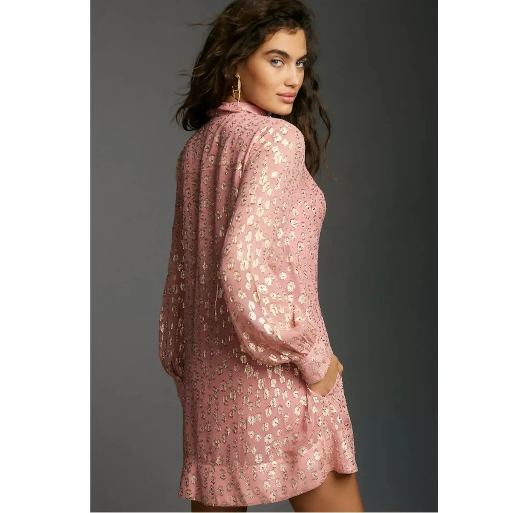 Anthropologie Maeve Long Sleeve Tie Neck Mini Dress Pink Rose Metallic Large NWT - Image 3