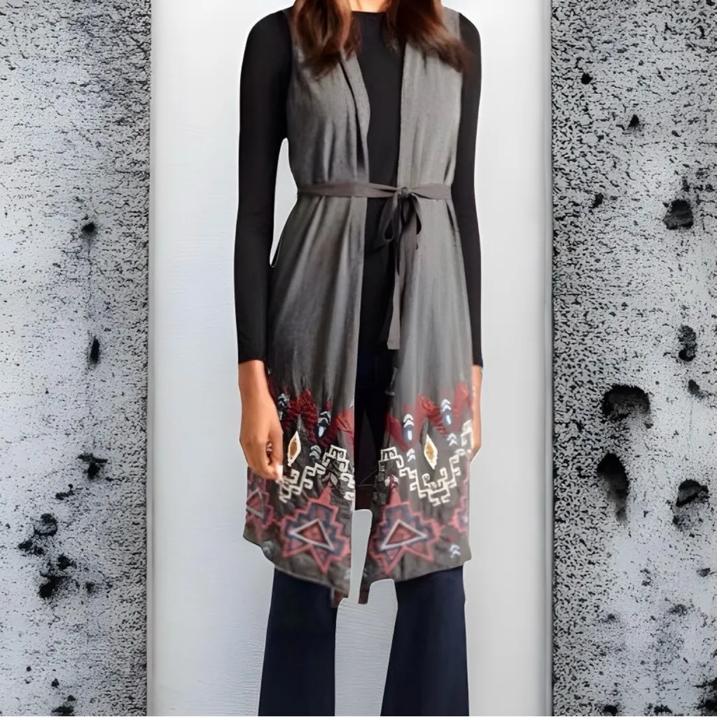 Johnny Was Long Cardigan Open Front‎ Belted Size S Embroidered Sleeveless Tisha - Image 2